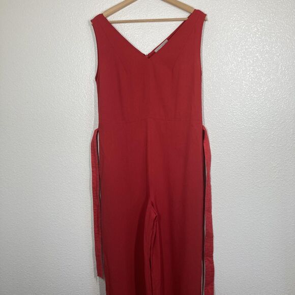 Everlane Jumpsuit Womens 4 Red Sleeveless Wide Leg Belted Linen Blend Pockets - Picture 14 of 16